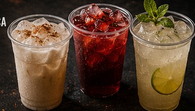 Three aguas frescas in clear cups: creamy horchata, deep-red jamaica, and pale-green lime.