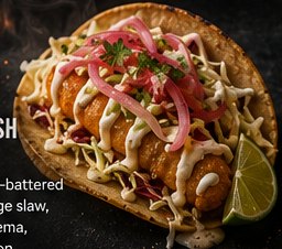 A Baja fish taco with golden crispy fish, shredded cabbage slaw, drizzle of crema and pickled red onion.