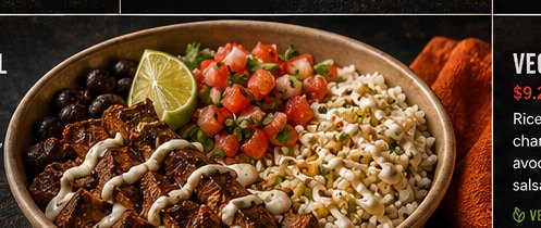 A loaded burrito bowl with rice, black beans, grilled protein, pico de gallo, cheese and crema in a kraft bowl.
