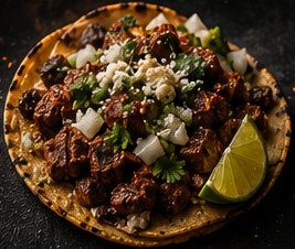 A carne asada street taco on a double corn tortilla, topped with diced steak, white onion and cilantro, lime wedge alongside.