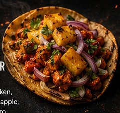 A chicken al pastor taco topped with charred pineapple chunks, onion and cilantro on a corn tortilla.