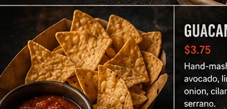 A basket of warm tortilla chips with a ramekin of red fire-roasted salsa.