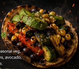 A veggie taco with charred peppers and zucchini, black beans, avocado slices and green salsa.