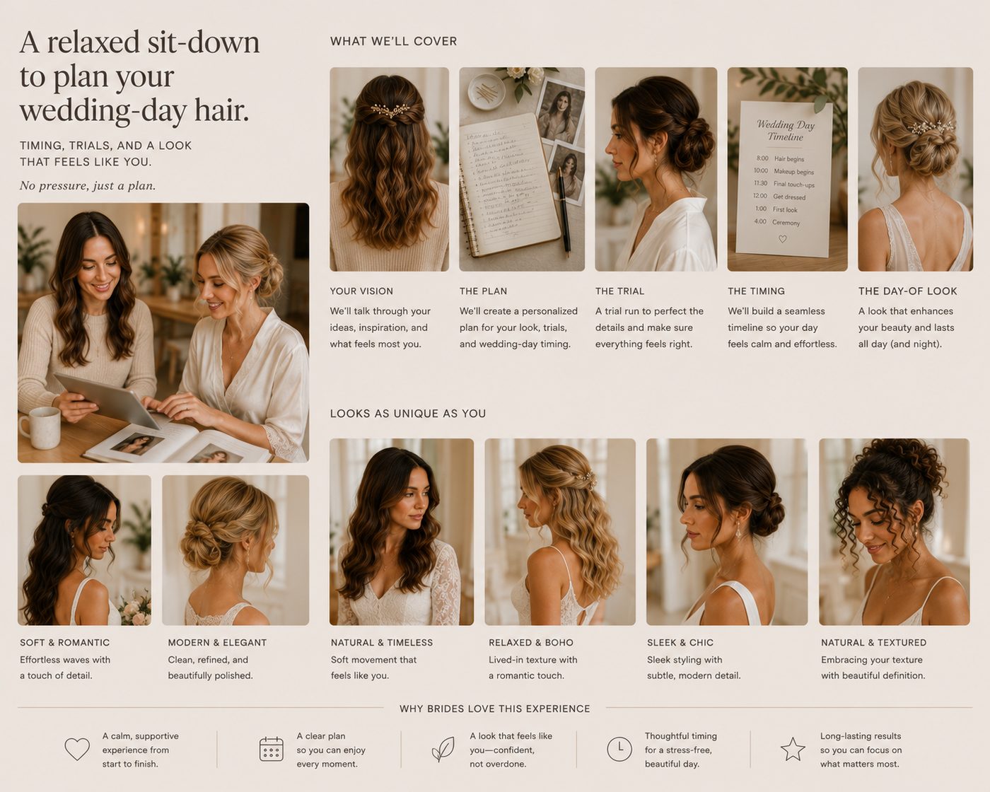 Style guide for the Bridal Consultation: planning your wedding-day hair, timing, and trials.