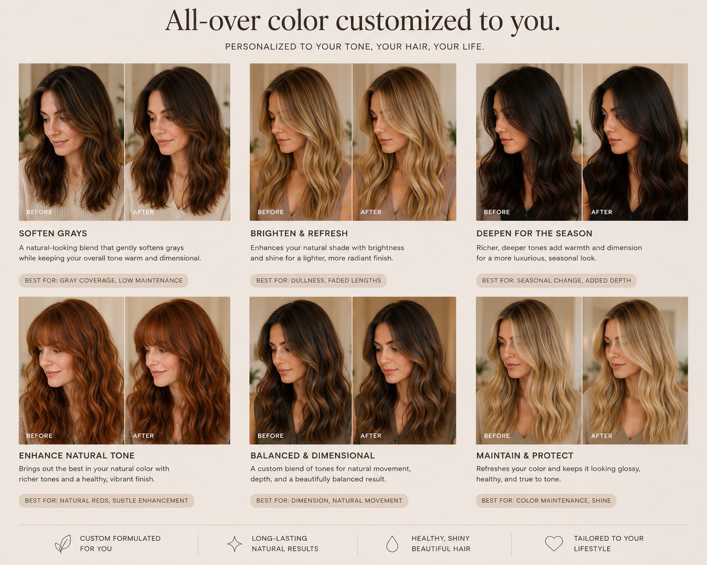 Style guide for Full Color: all-over color customized to your tone and lifestyle.