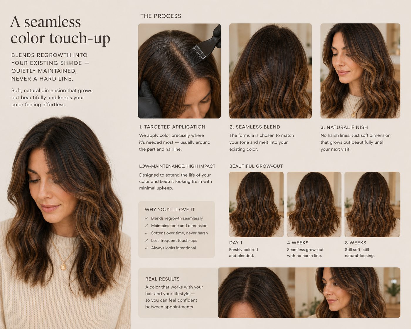 Style guide for the Root Refresh: a seamless color touch-up that blends regrowth into your existing shade.