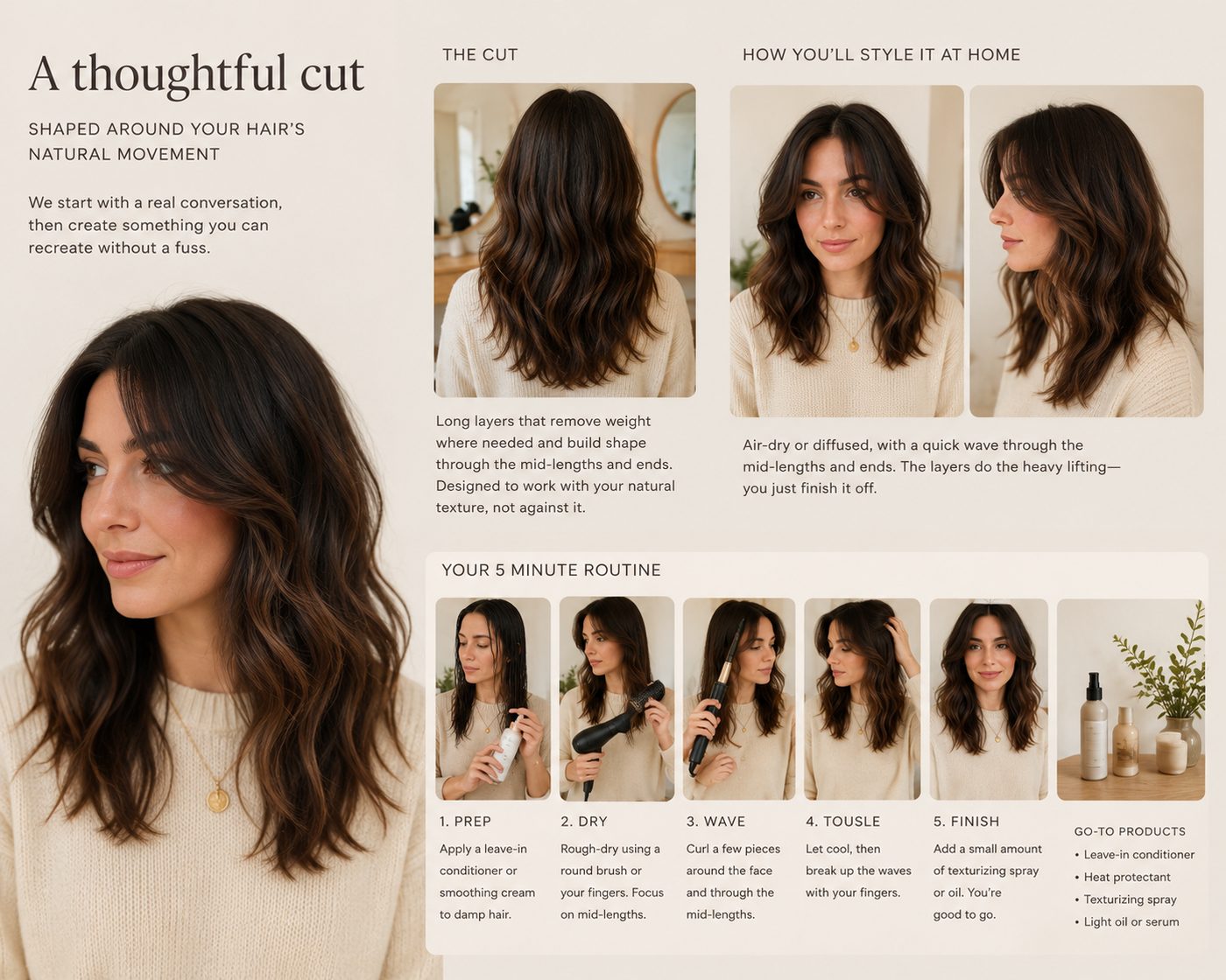 Style guide for the Signature Haircut: long, lived-in layers shaped to your natural texture, with a simple at-home routine.