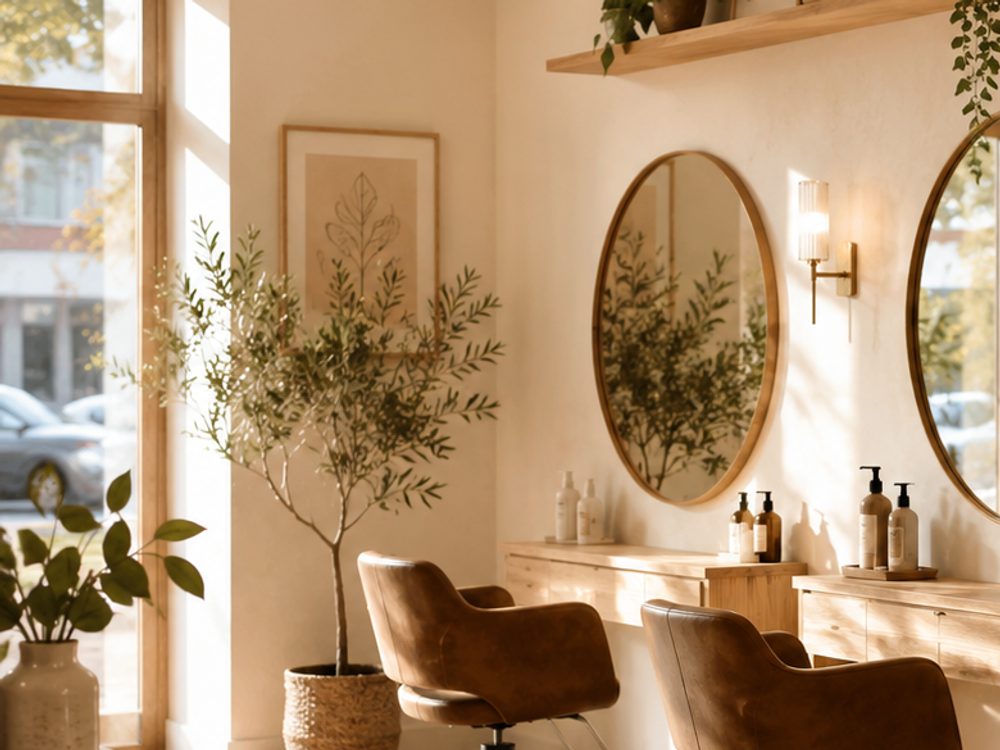A corner of the Birch & Bloom studio: a leather styling chair, an olive tree, and warm window light.
