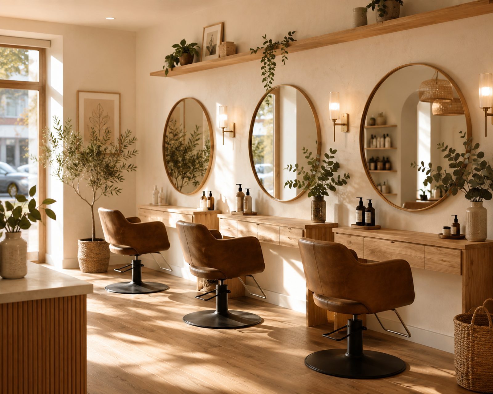 The Birch & Bloom studio: natural wood styling stations and round mirrors in soft morning light.