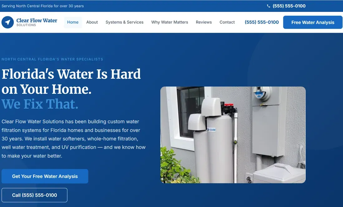 Screenshot of the Clear Flow Water Solutions website