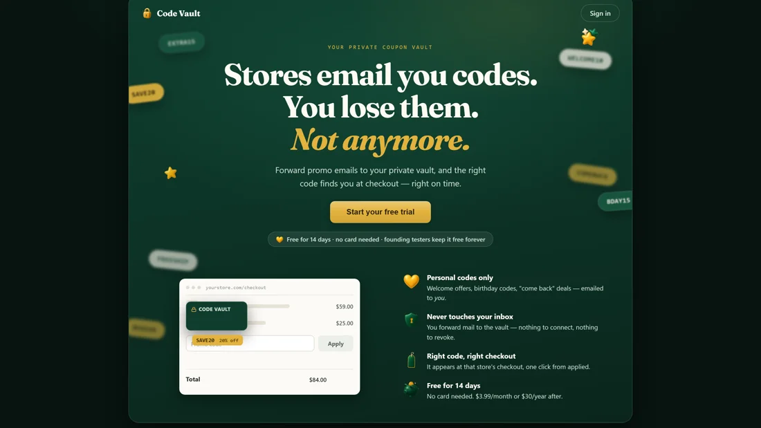 Screenshot of the Code Vault landing page with the headline: Stores email you codes. You lose them. Not anymore.