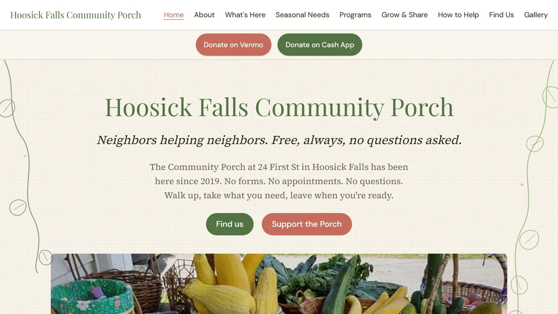 Screenshot of the Hoosick Falls Community Porch website