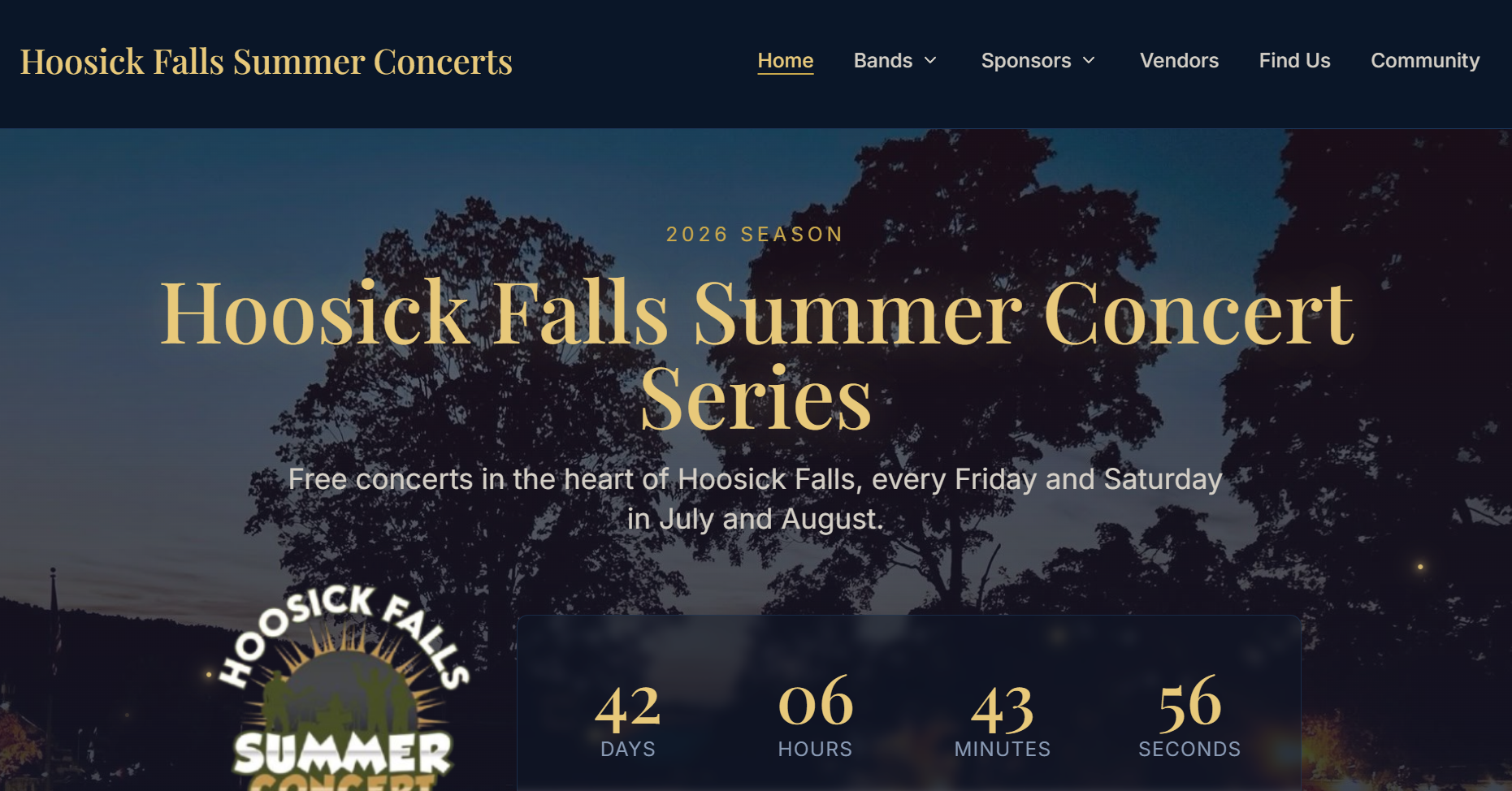 Screenshot of the Hoosick Falls Summer Concert Series website