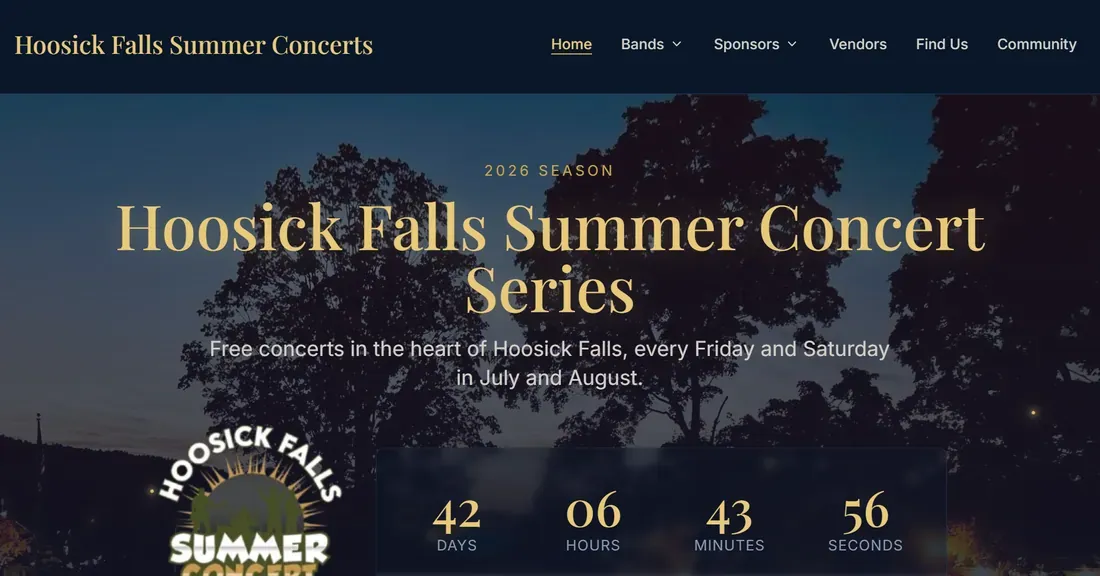 Screenshot of the Hoosick Falls Summer Concert Series website