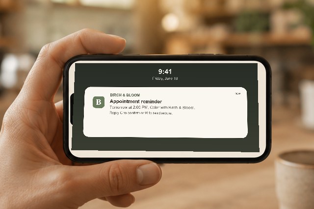A phone showing a Birch and Bloom appointment reminder notification.