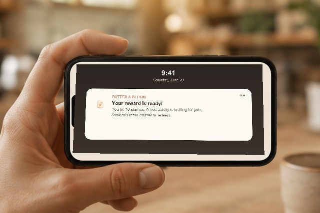 A phone showing a Butter and Bloom notification that a free pastry reward is ready.