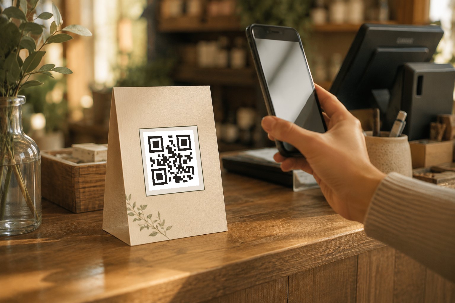 A customer scanning a QR code at a counter to start a loyalty card.